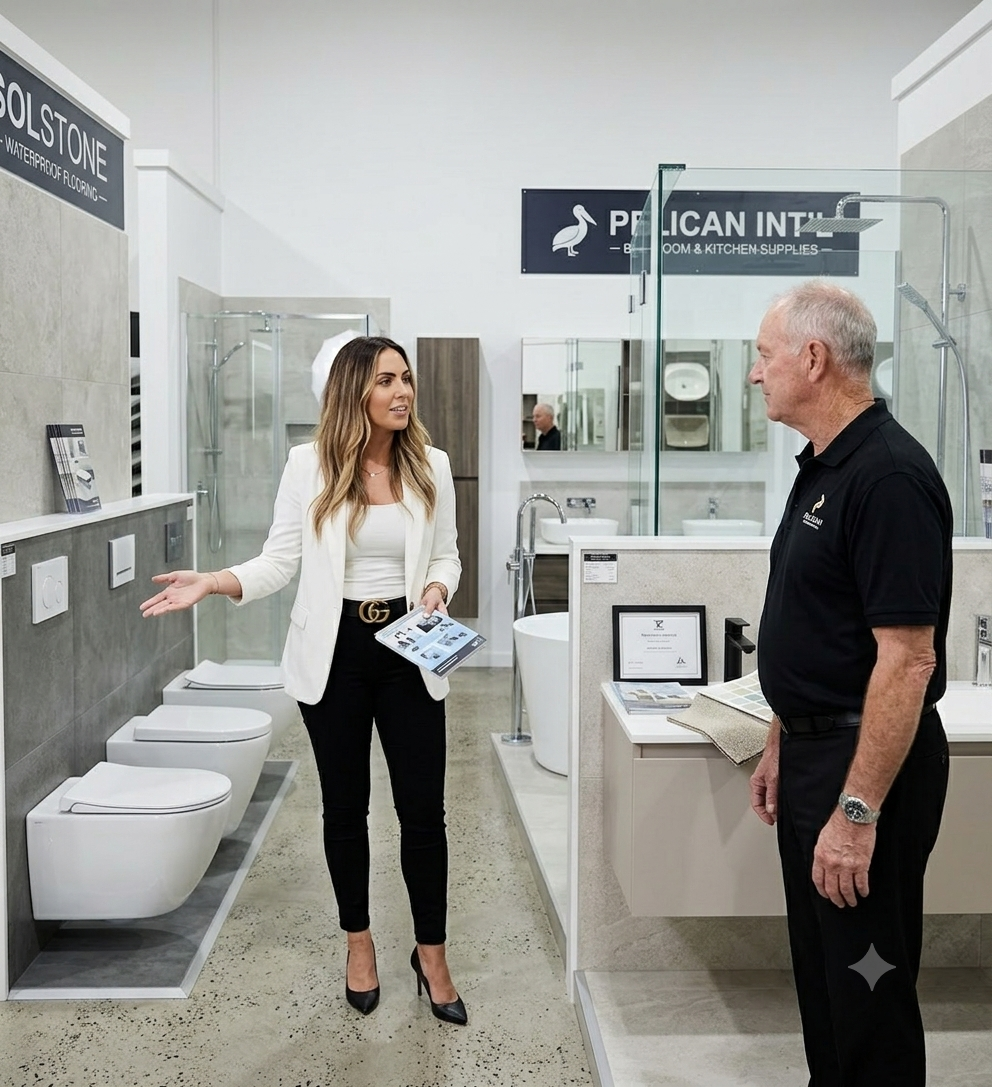 A woman in a white blazer and black pants stands in a showroom next to a man in a black polo shirt, holding a brochure. The showroom features modern toilets, sinks, and glass shower enclosures with visible Pelican International and Dolomite signage.