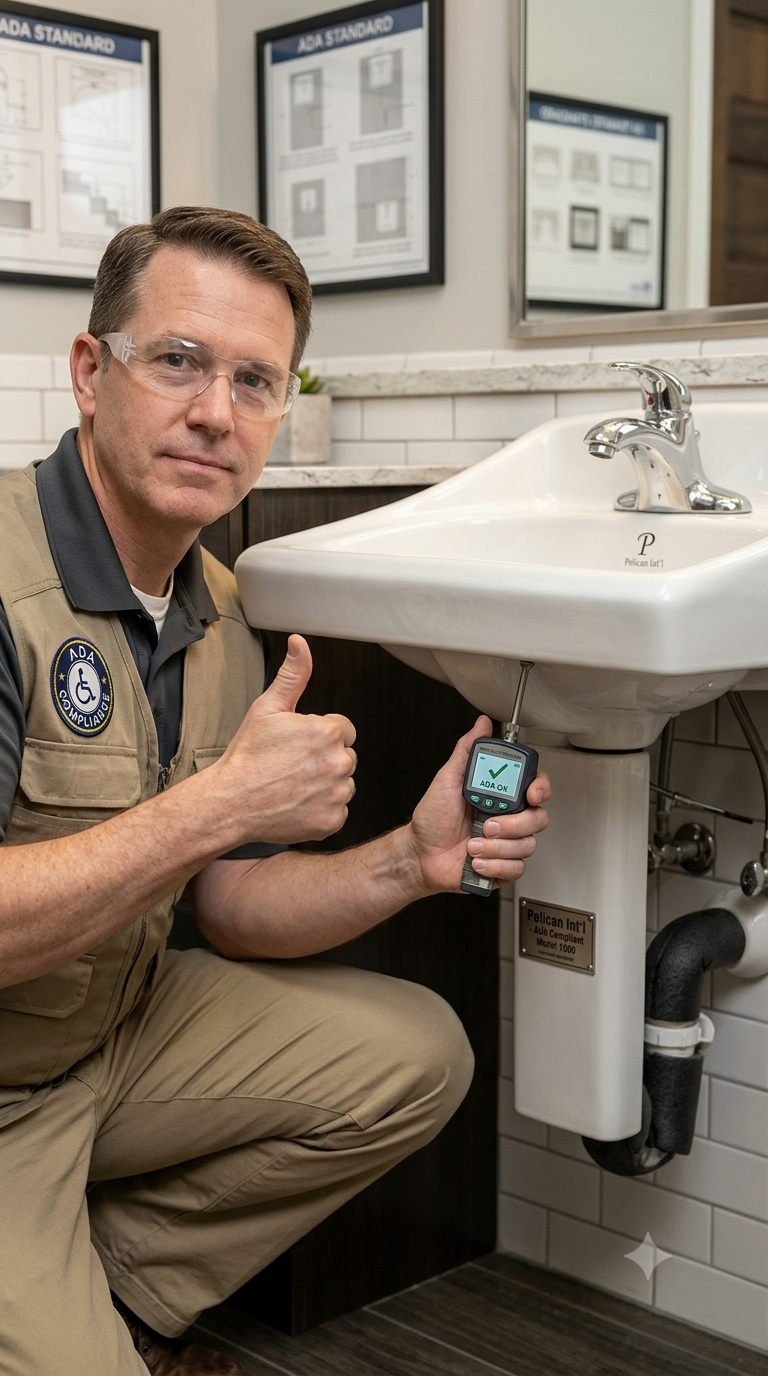 A plumber in a tan uniform kneels beside a white pedestal sink, holding a digital device under the sink in a bathroom setting.