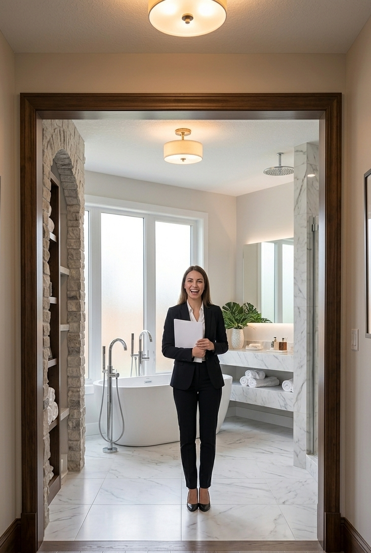 A woman in a black blazer and pants stands in a bright bathroom interior, framed by a dark wood doorway. The room has white marble flooring, a freestanding bathtub, a walk-in shower, and neutral walls with framed artwork.